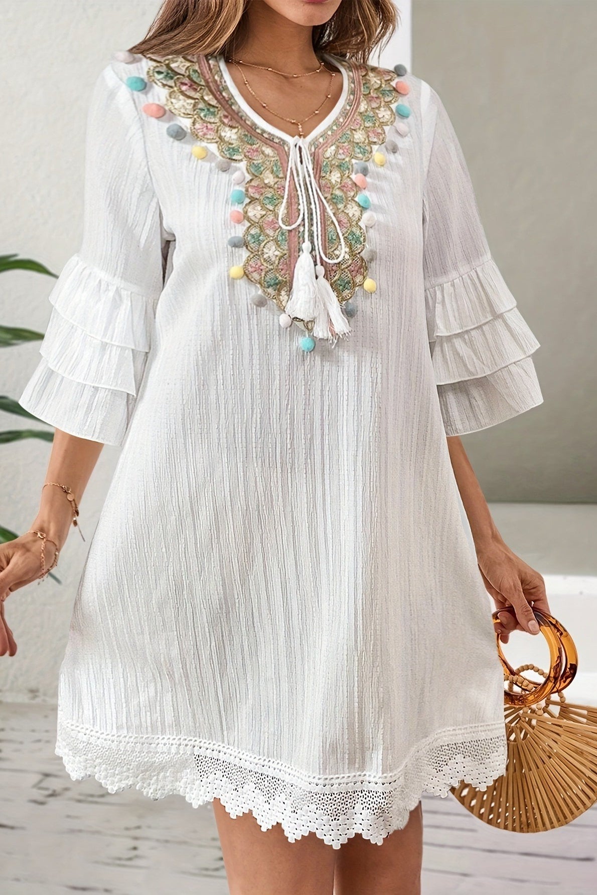 Tassel Pom Pom Ruffle Sleeve Lace Detail Boho Dress Secondary image