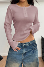 Button-Front Long Sleeve Knit Top