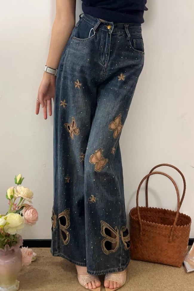 Heavy Embroidery Rhinestone Cutout High Waist Jeans Main image
