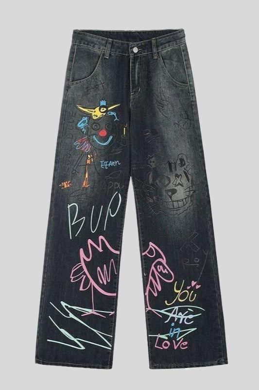 Graffiti Print Baggy Wide Leg Denim Jeans Main image