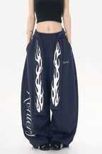 Vintage Flame Print Detachable Tie Curved Sweat Pants