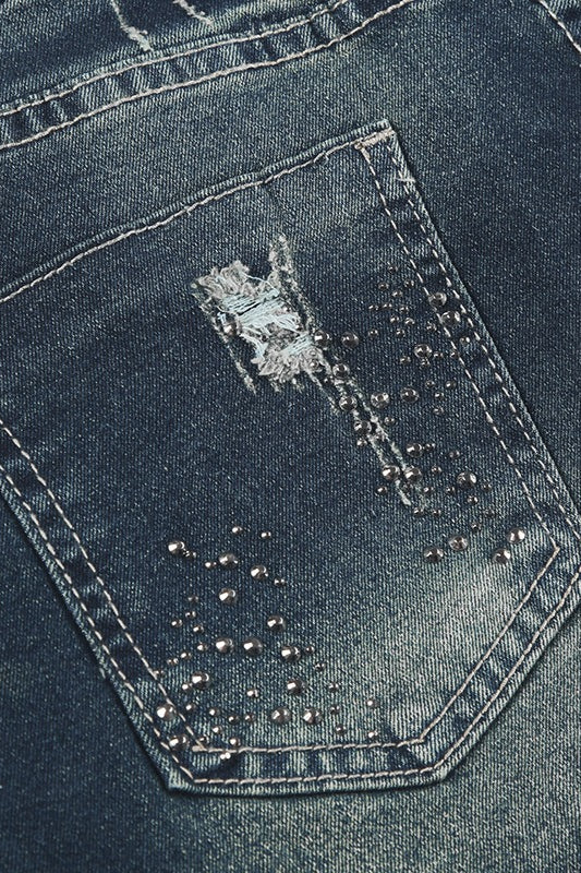 Rhinestone Distressed Denim Mini Shorts