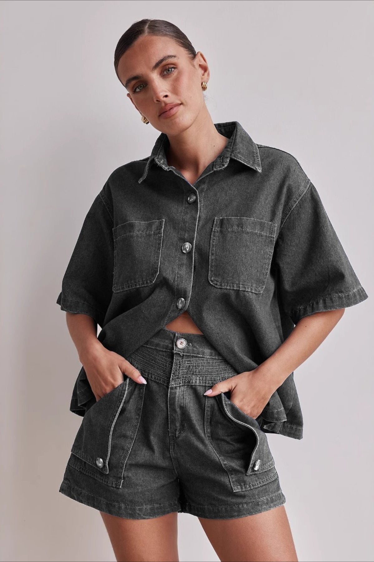 Vintage Loose Shirt Denim Shorts Set