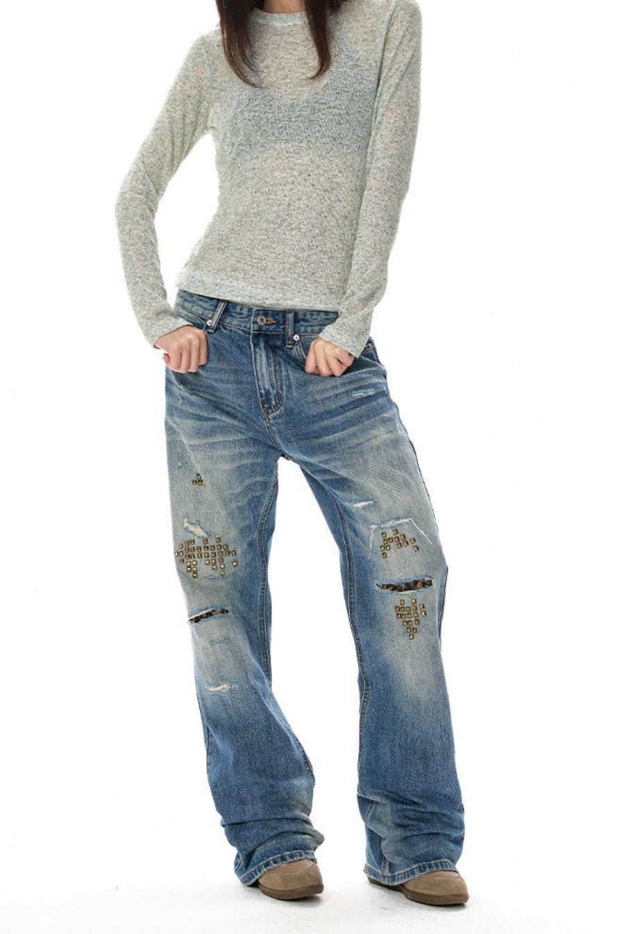 Rivet Lightning Distressed Flare Jeans