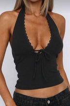 Lace Tie Backless V Neck Slim Halter Top