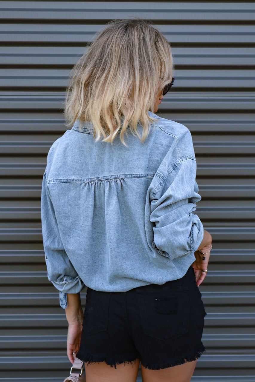 Denim Drawstring Hem Relaxed Blouse Secondary image
