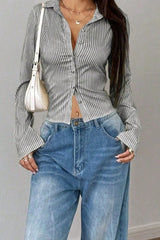 V Neck Striped Long Sleeve Blouse