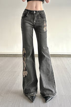 Sequin Embroidered Low Rise Wide Flare Leg Jeans