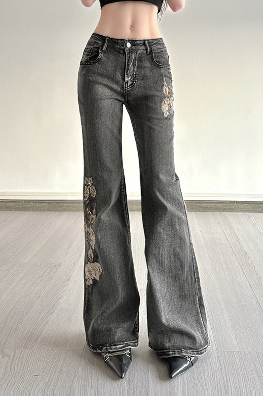 Sequin Embroidered Low Rise Wide Flare Leg Jeans