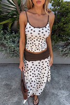 Polka Dot Sleeveless Crop Top High Waist Contrast Skirt Set