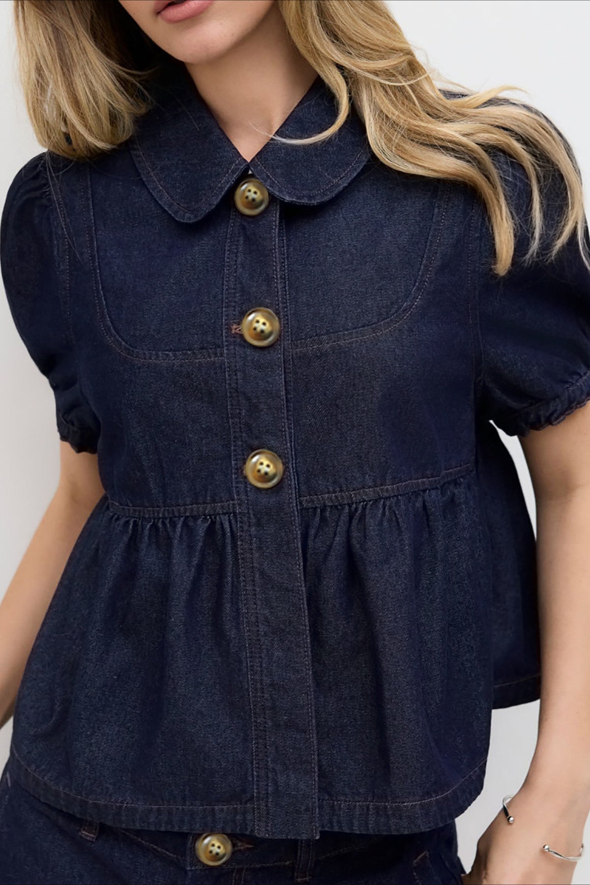 Puff Sleeve Denim Top Low Rise Shorts Set