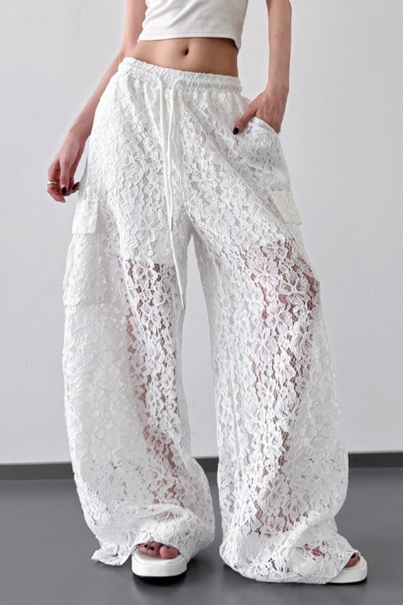 White Lace Cutout Casual Wide Leg Pants Main image