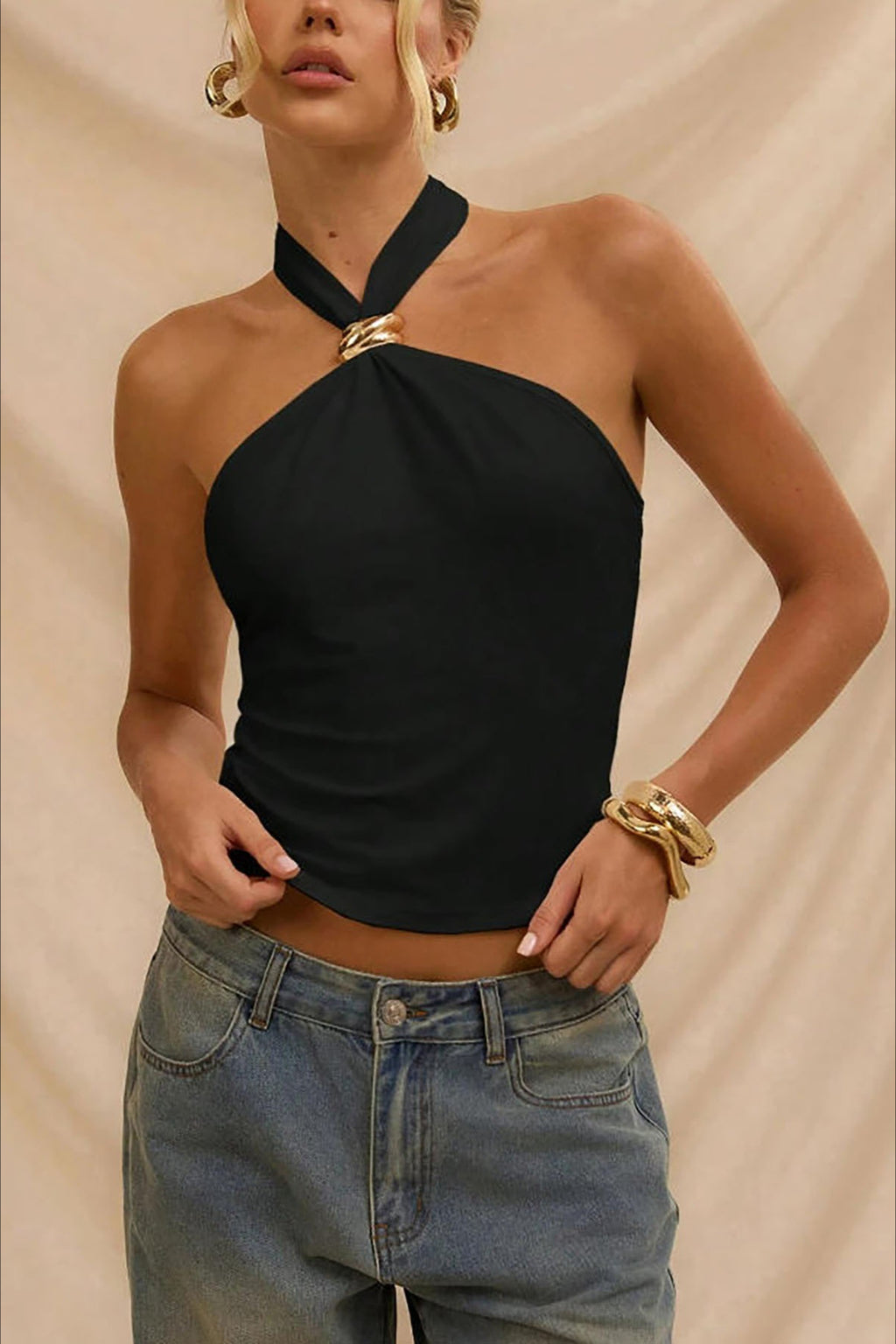 Backless Metal Trim Halter Halter Top