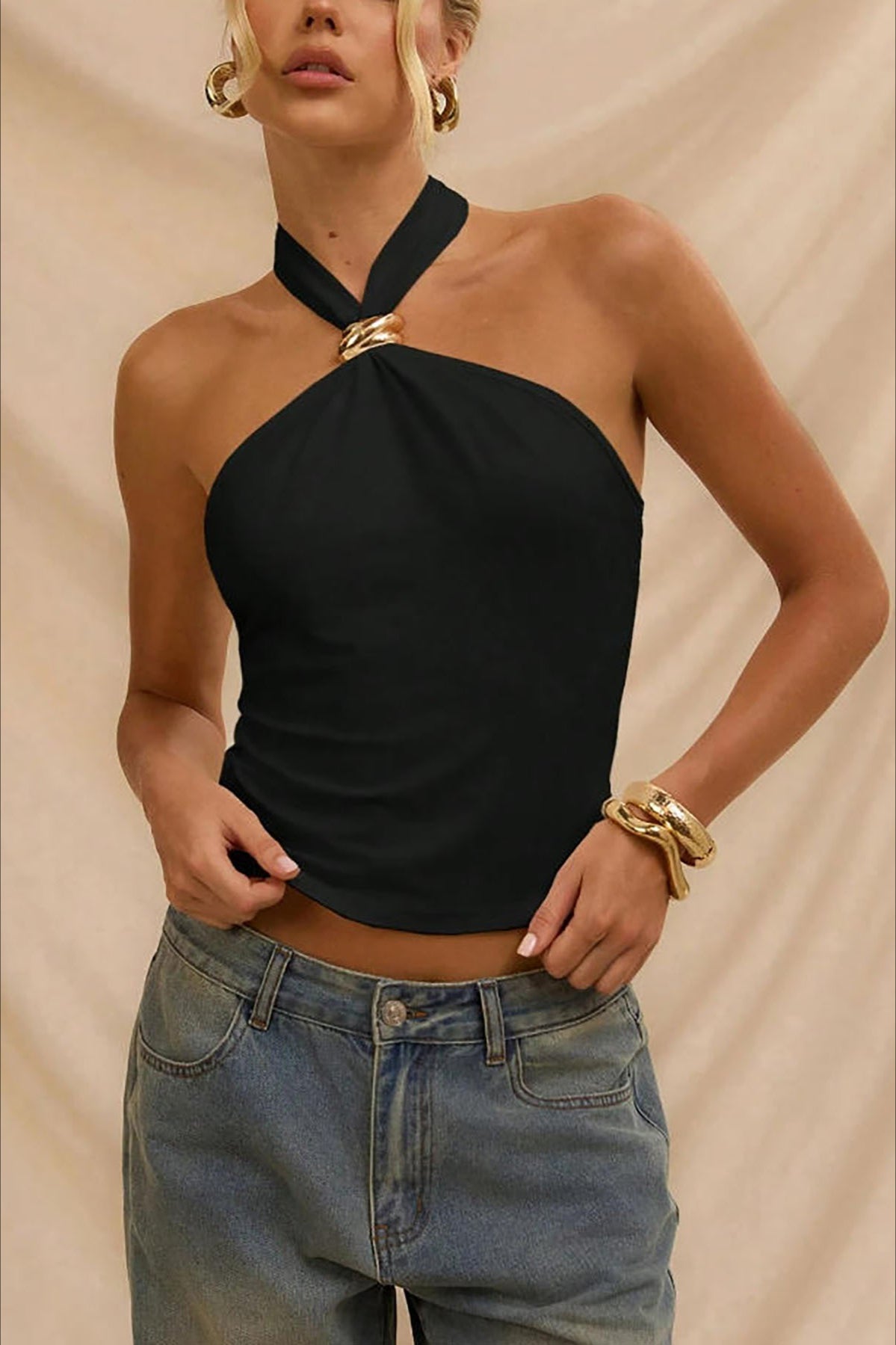 Backless Metal Trim Halter Halter Top