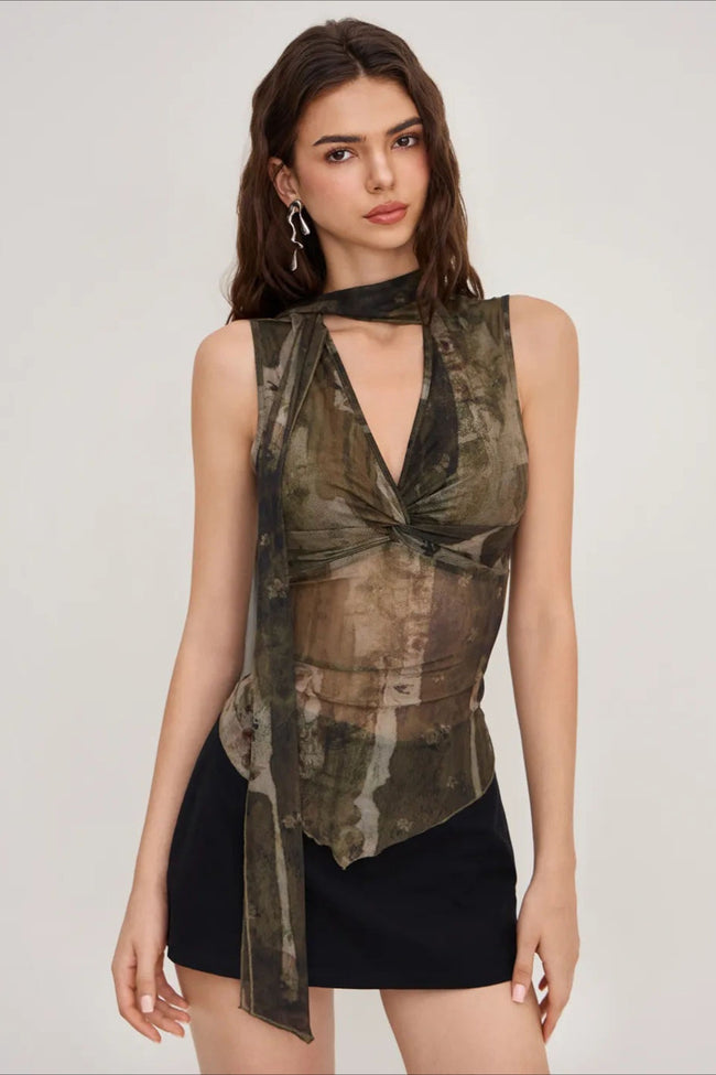 Sheer Mesh Print Ribbon Tie Halter Top Main image