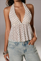 Polka Dot Deep V Ruffle Tie Neck Halter Top