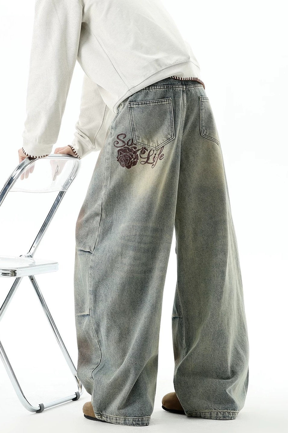 Dirty Wash Strap Wide Leg Jeans