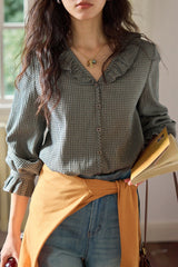 V Neck Ruffle Checkered Blouse