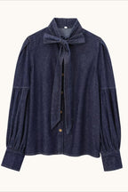 Bow Neck Balloon Sleeve Denim Blouse