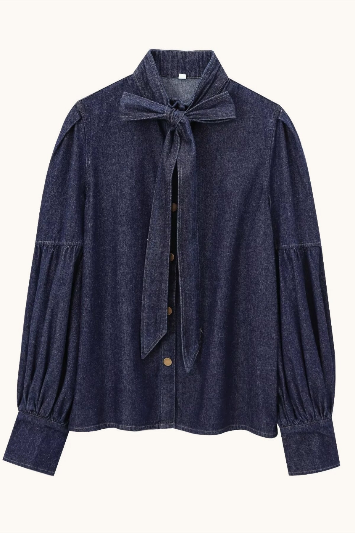 Bow Neck Balloon Sleeve Denim Blouse