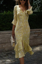 Asymmetric V Neck Flare Sleeve Floral Dress