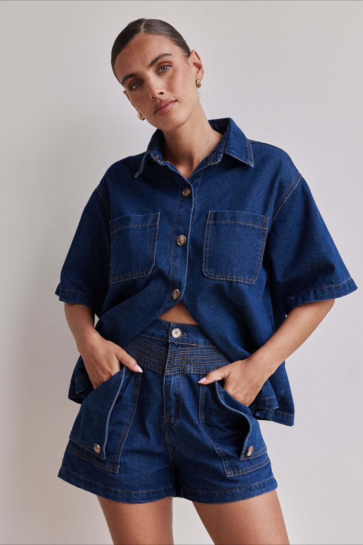 Vintage Loose Shirt Denim Shorts Set