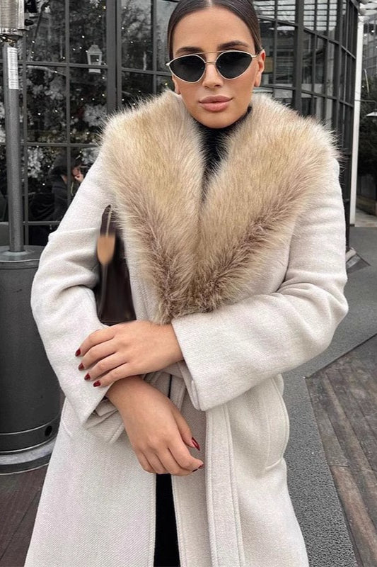 Elegant Wool Blend Long Fur Collar Overcoat Main image