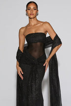 Metallic Mesh Scarf Strapless Formal Dress