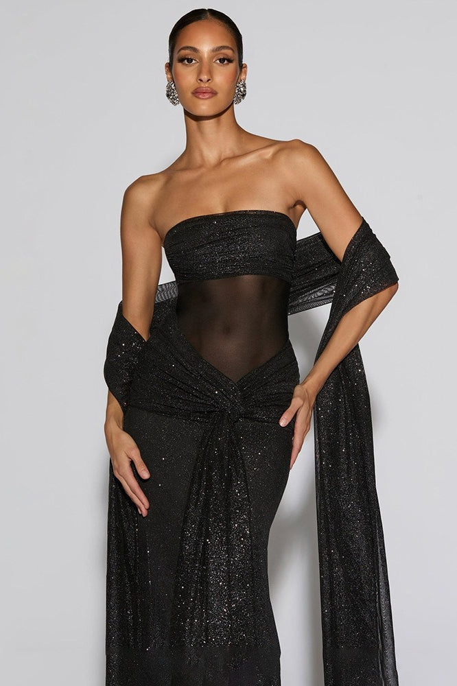 Metallic Mesh Scarf Strapless Formal Dress