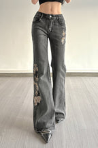 Sequin Embroidered Low Rise Wide Flare Leg Jeans