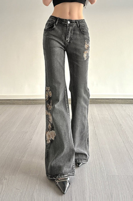 Sequin Embroidered Low Rise Wide Flare Leg Jeans