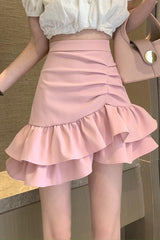 High Waist Pink Flounce Hem Asymmetrical Skirt