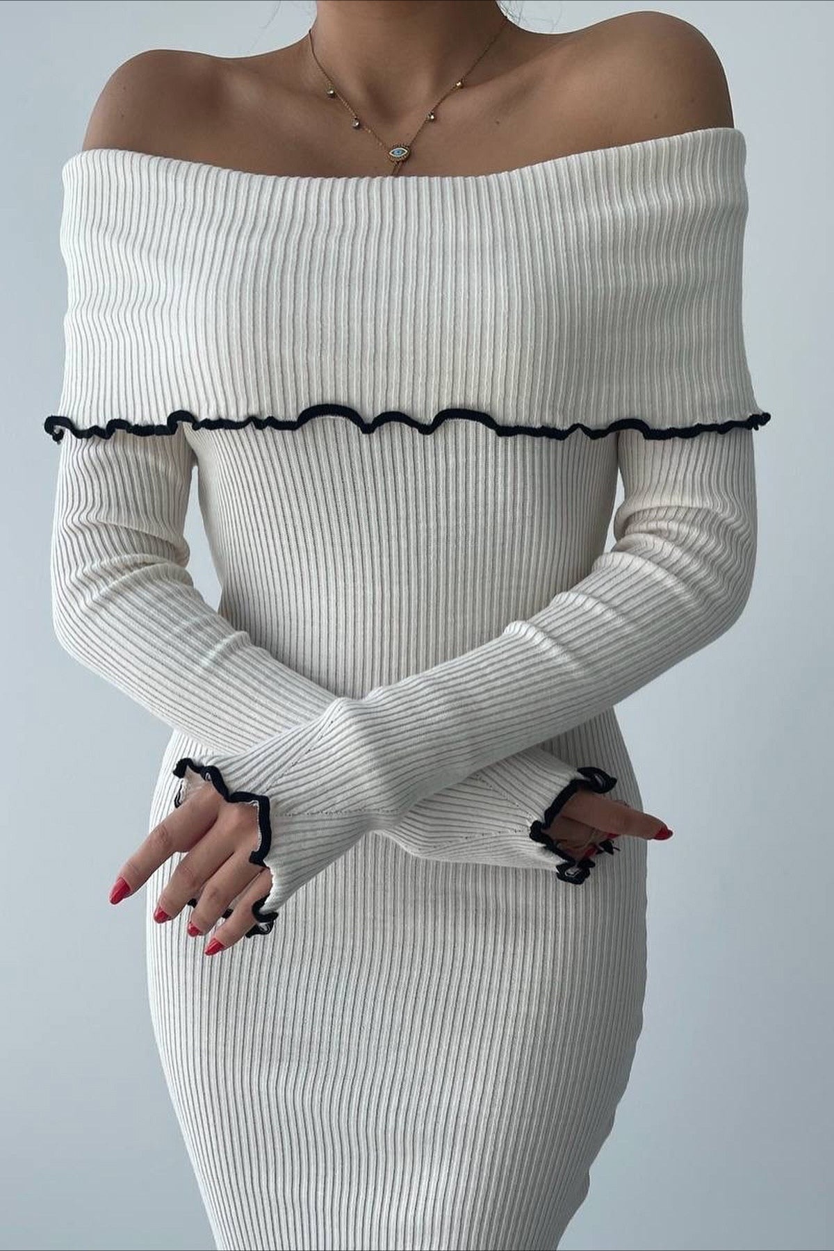 Ribbed Off Shoulder Color Block Knit Sweater Dress Secondary image