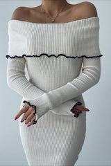 Ribbed Off Shoulder Color Block Knit Sweater Dress