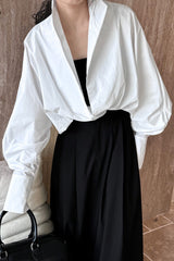Structured Oversized Lapel V Neck White Blouse