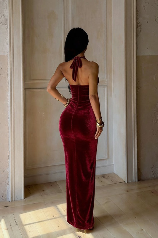 Deep V Velvet Ruched Halter Formal Dress