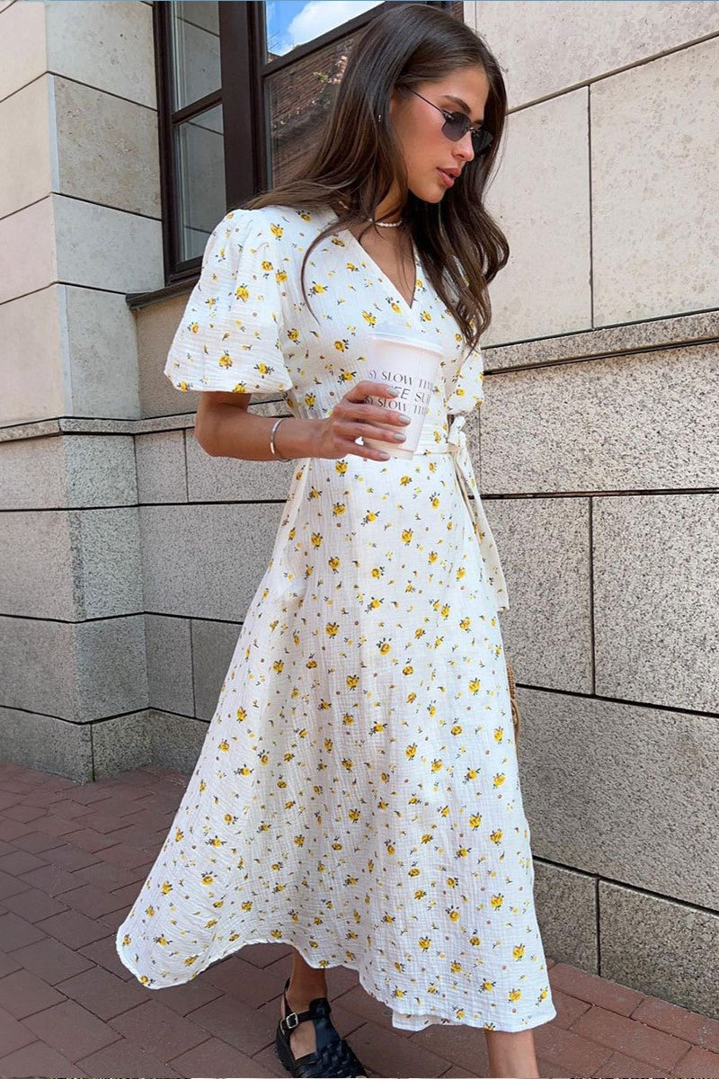 Cotton Printed V Neck Puff Sleeve Floral Dress Secondary image