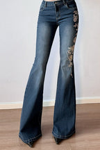 Rose Embroidered Low Rise Flare Leg Jeans