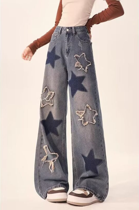 Vintage Star Print Wide Leg Jeans Dark Blue / XS