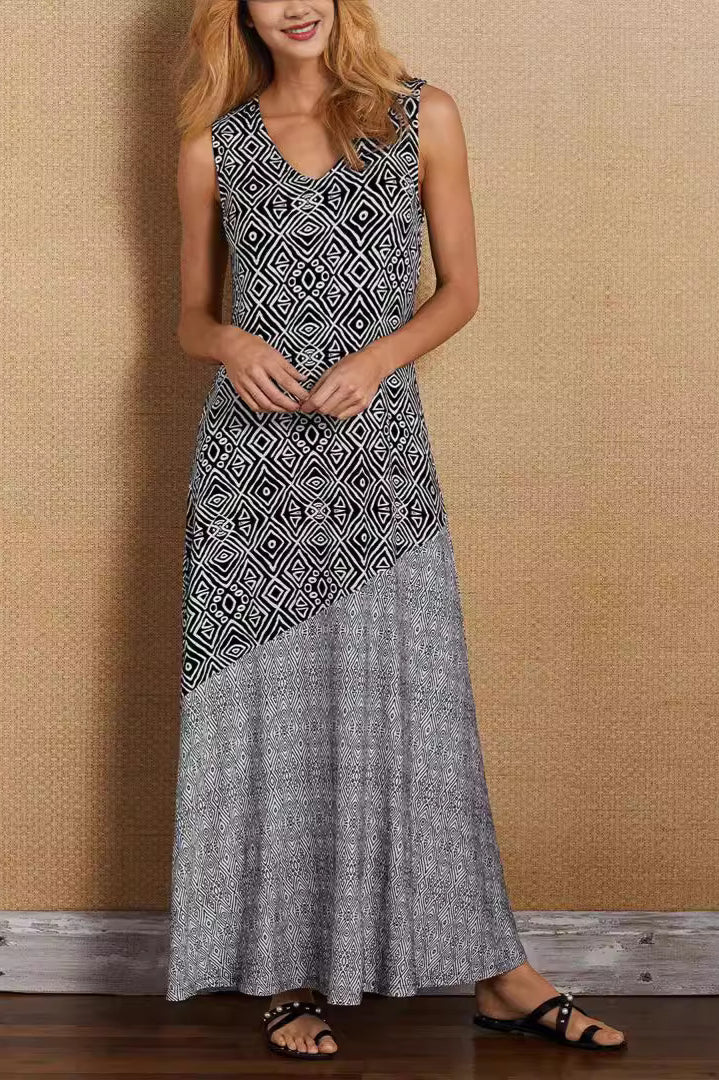 Printed Splicing Boho Vintage Boho Dress Black / S