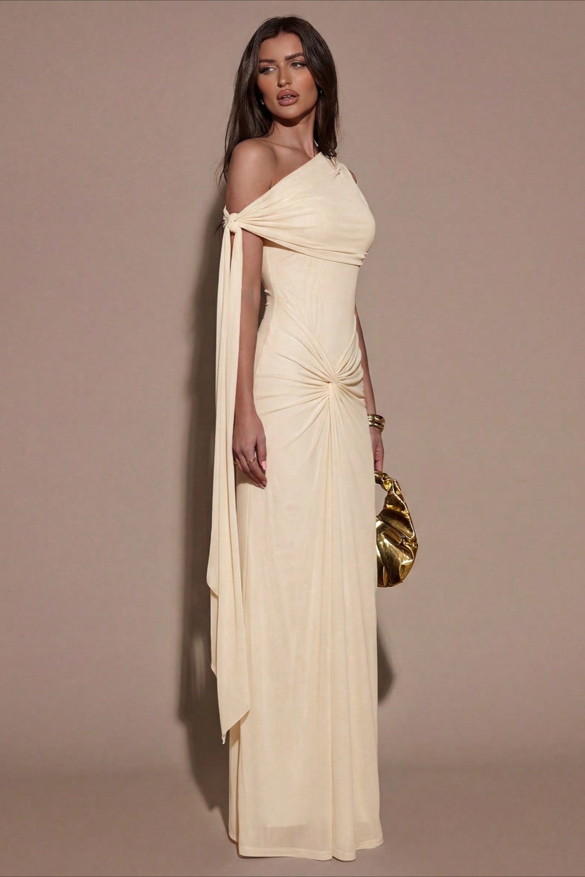 One Shoulder Cape Ruched Formal Dress