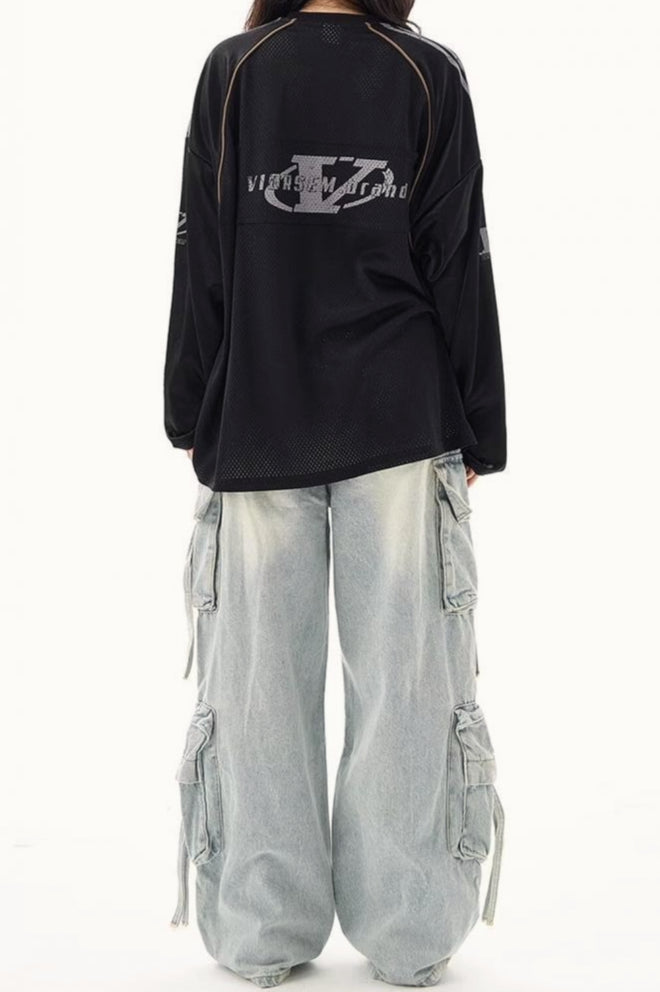 V Neck Graphic Print Oversized Raglan Long Sleeve Tee