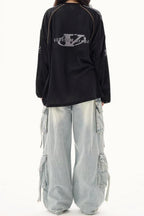 V Neck Graphic Print Oversized Raglan Long Sleeve Tee