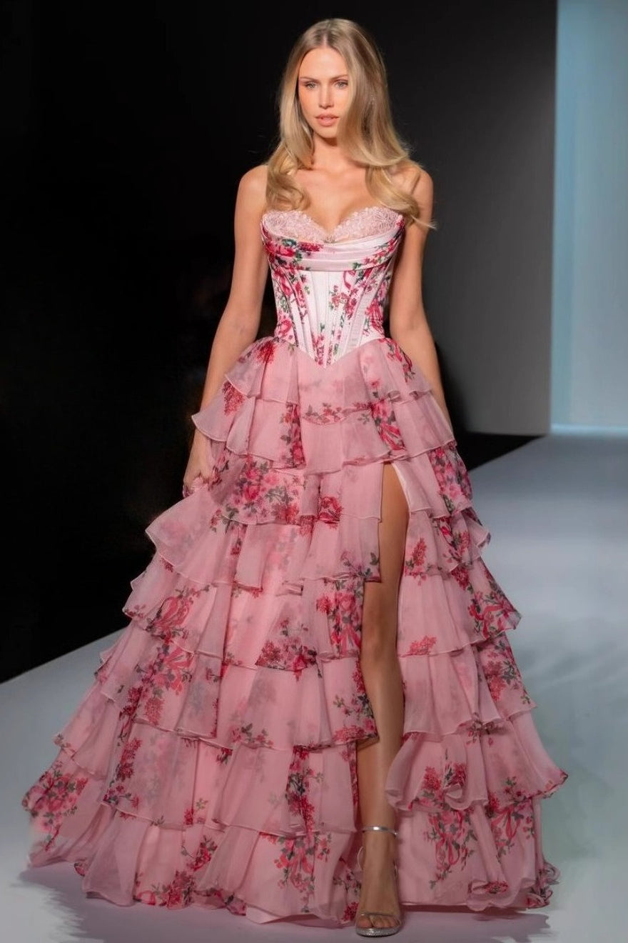 Strapless Floral Print Ruched Elegant Slim Prom Dress Main image