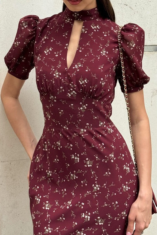 Cutout Stand Collar Puff Sleeve Floral Dress Secondary image