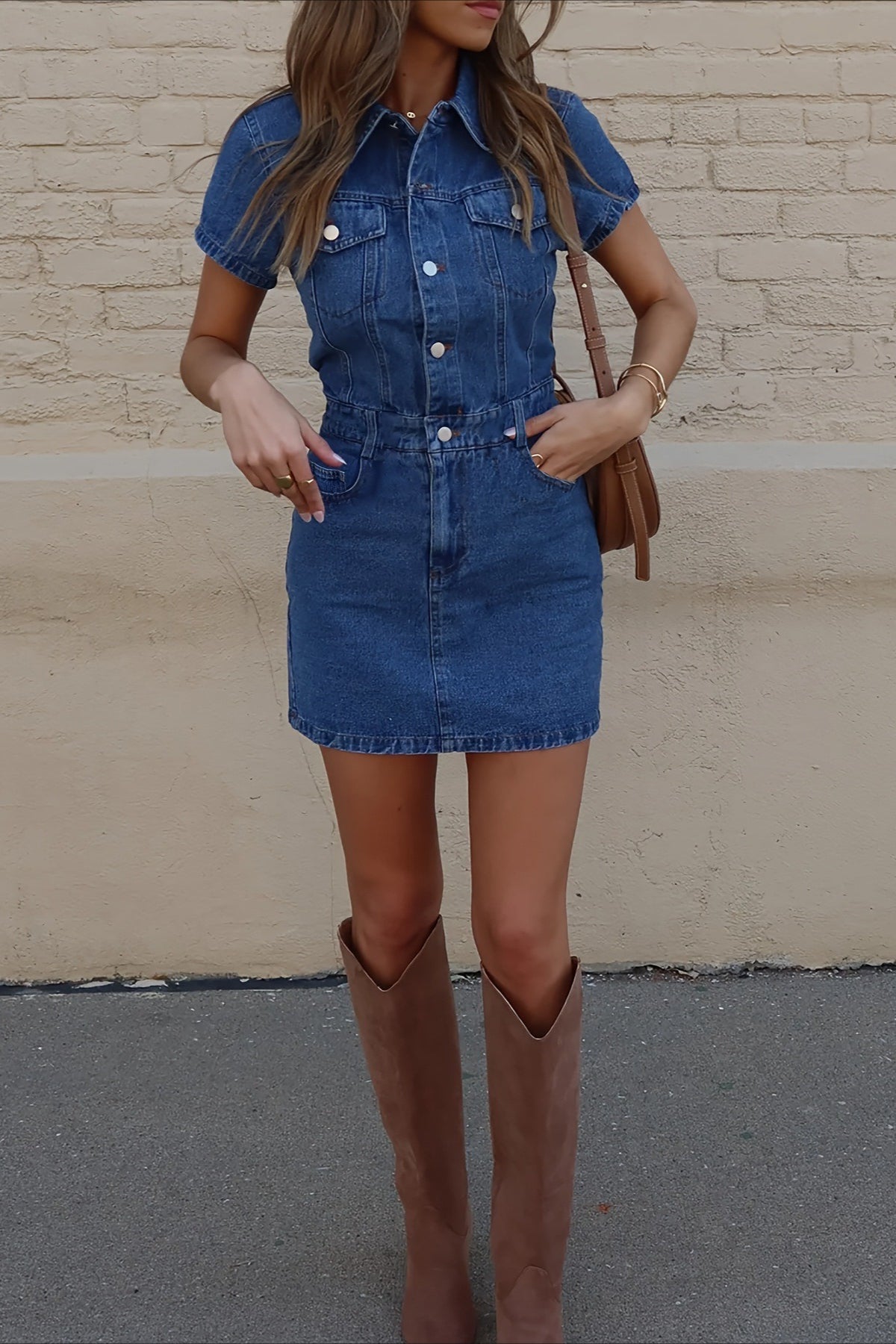 Denim Notched Collar Button Front Shirt Mini Dress