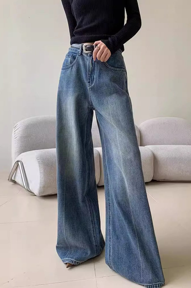 Blue Washed Casual High Waist Relaxed Long Jeans Main image