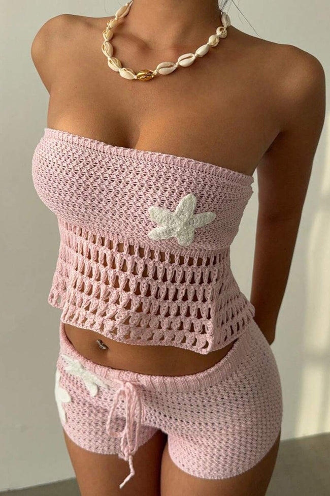 Floral Knit Crochet Crop Bodycon Shorts Set Main image