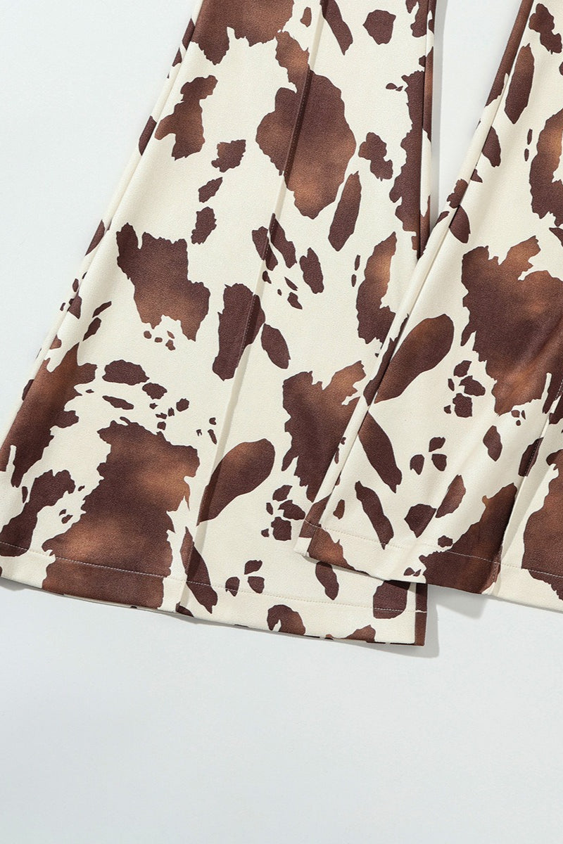 Brown Cow Print High Waist Long Flared Pants