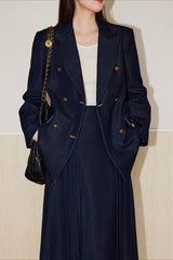 Textured Double Breasted Two Piece Blazer Skirt Set